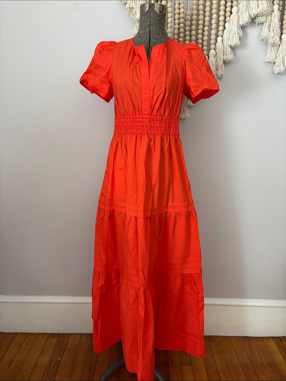 Quince Bright Red/Orange Puff-Sleeve Maxi Dress 100% Cotton